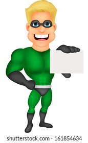 Superhero cartoon with blank card