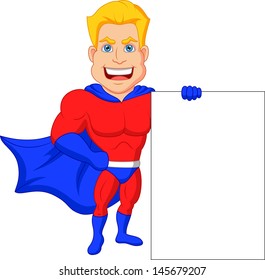 Superhero cartoon with blank sign