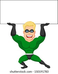 Superhero cartoon with blank sign