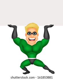 Superhero cartoon with blank sign