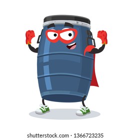 Superhero cartoon blue plastic storage barrel character mascot in sneakers on a white background