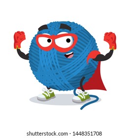 Superhero cartoon blue wool yarn ball character mascot in sneakers on a white background