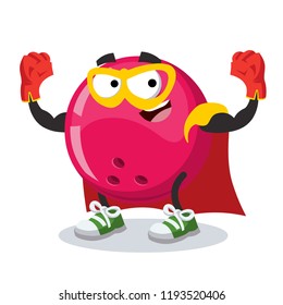 Superhero cartoon bowling ball character mascot in sneakers on a white background