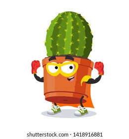 Superhero cartoon cactus plant in a pot character mascot in sneakers on a white background