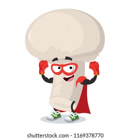 Superhero cartoon champignon character mascot in sneakers on a white background