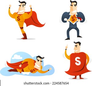 Superhero Cartoon Character in four different poses and situations action set 1