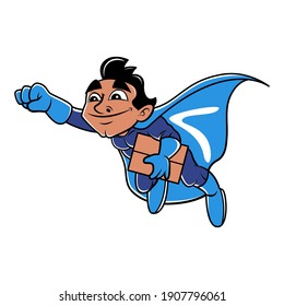 A Superhero cartoon characters wearing superhero costume with cloak, flying and carrying a package for customers, superfast delivery order, best for sticker or logo of delivery service business