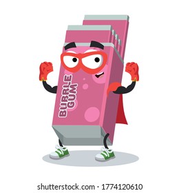 superhero cartoon Chewing Bubble Gum in Pink Pack character mascot in sneakers on a white background