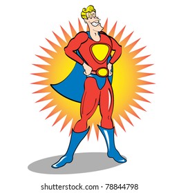 Superhero cartoon or comic book character wearing a cape.