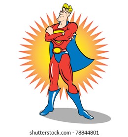 Superhero cartoon or comic book character wearing a cape.