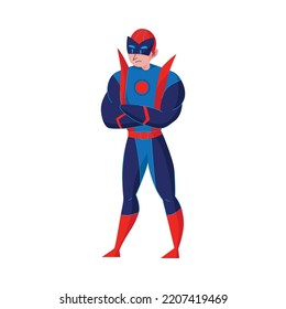 Superhero cartoon comic strip or electronic game character in costume on white background flat vector illustration