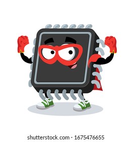 superhero cartoon computer cpu hardware microchip character mascot in sneakers on a white background