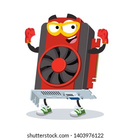 Superhero cartoon computer video graphics card character mascot in sneakers on a white background