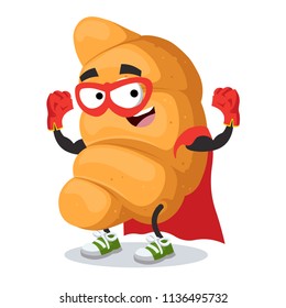 Superhero cartoon croissant character mascot in sneakers on a white background