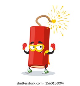 superhero cartoon dynamite stick with a lit wick character mascot in sneakers on a white background