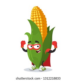 Superhero cartoon ear of corn character mascot in sneakers on a white background