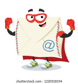Superhero cartoon envelope with a email symbol character mascot in sneakers on a white background