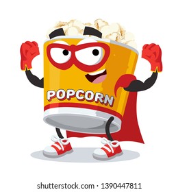 Superhero cartoon filled yellow popcorn bucket character mascot in sneakers on a white background