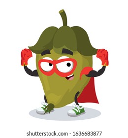 superhero cartoon fresh green jojoba fruit character mascot in sneakers on a white background