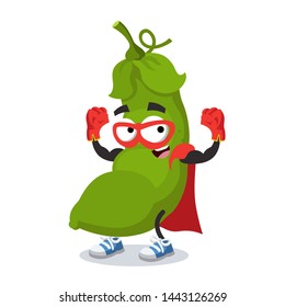 Superhero cartoon fresh green pea pod character mascot in sneakers on a white background