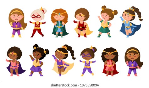 Superhero cartoon girls in super costumes, cute african american female characters isolated vector clipart on white background, superhero comic books baby girls, childish vector illustration set