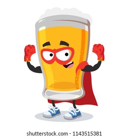 Superhero cartoon glass of beer character mascot in sneakers on a white background