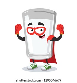 Superhero cartoon glass of milk character mascot in sneakers on a white background