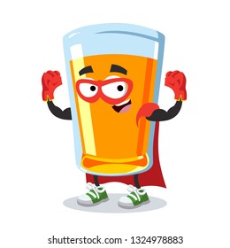 Superhero cartoon glass of orange juice character mascot in sneakers on a white background