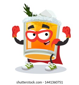 Superhero cartoon glass of Winter Sun cocktail character mascot in sneakers on a white background