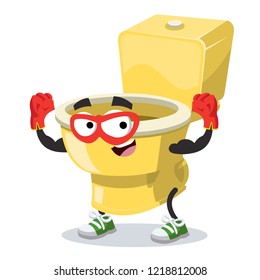 Superhero cartoon golden toilet pan character mascot in sneakers on a white background
