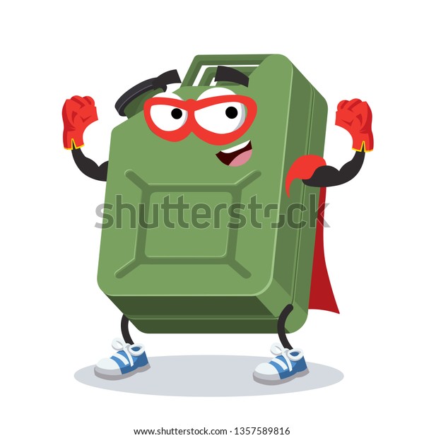 Superhero cartoon green\
metal canister for gasoline character mascot in sneakers on a white\
background