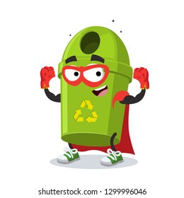 Superhero cartoon green round recycle bin garbage can character mascot in sneakers on a white background