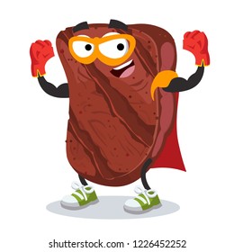 Superhero cartoon grilled marbled beef steak character mascot in sneakers on a white background