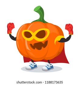 Superhero cartoon halloween pumpkin character mascot on a white background