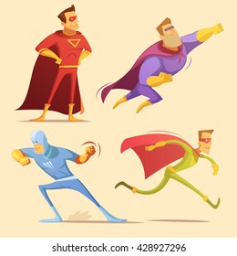 Superhero Cartoon Icons Set With Superman On Yellow Background Isolated Vector Illustration 