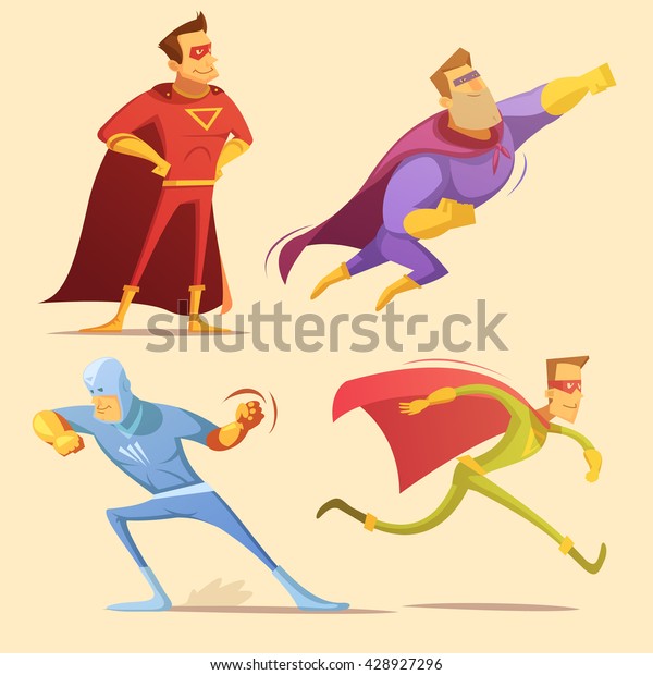 黄色い背景にスーパーマンとスーパーヒーローの漫画のアイコンセット 分離型ベクターイラスト のベクター画像素材 ロイヤリティフリー