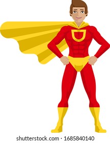 A superhero cartoon mascot man in his red and yellow super hero costume compete with cape in a flat modern cartoon style