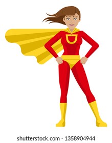 A superhero cartoon mascot woman in her red and yellow super hero costume compete with cape in a flat modern cartoon style