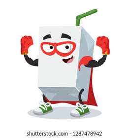 Superhero cartoon milk or juice carton blank pack with a straw character mascot in sneakers on a white background