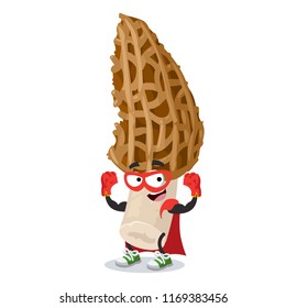 Superhero cartoon morel mushroom character mascot in sneakers on a white background