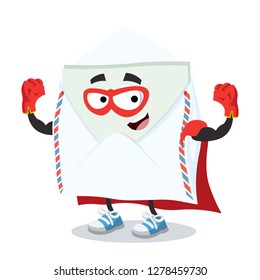 Superhero cartoon open envelope with a message inside character mascot in sneakers on a white background