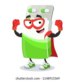 Superhero cartoon package box with capsules pills and blister character mascot in sneakers on a white background