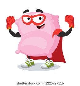 Superhero cartoon pink pillow character mascot in sneakers on a white background