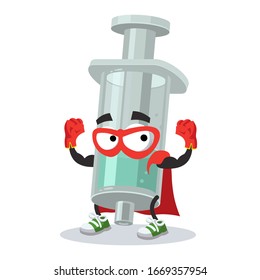 superhero cartoon plastic medical syringe character mascot in sneakers on a white background