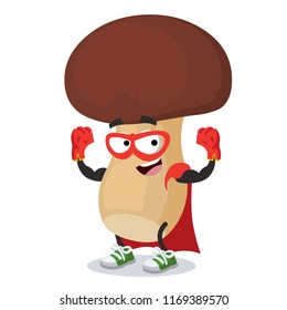 Superhero cartoon porcini mushroom character mascot on a white background
