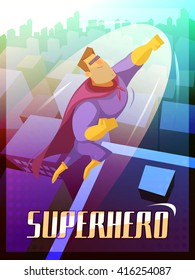 Afiche de caricatura de superhéroes con ilustración vectorial de gran ciudad y superhombre volador