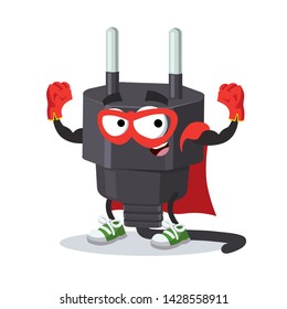 Superhero cartoon power plug type C character mascot in sneakers on a white background