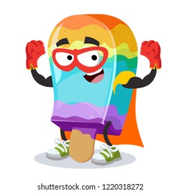 Superhero cartoon rainbow colors ice cream on a stick character mascot in sneakers on a white background