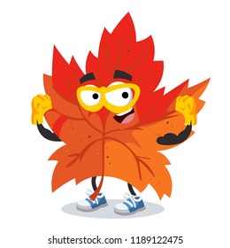 Superhero cartoon red autumn maple leaf character mascot in sneakers on a white background