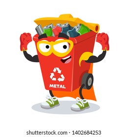 Superhero cartoon red recycle garbage can for metal character mascot in sneakers on a white background